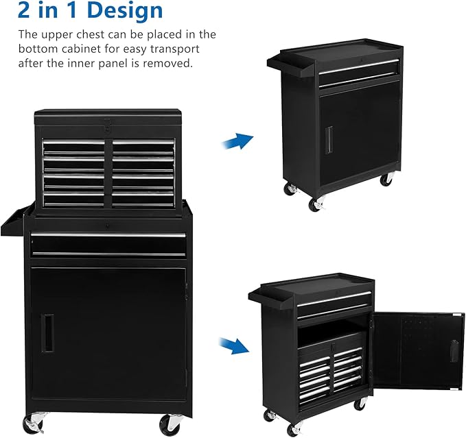 TUFFIOM 5-Drawer Rolling Tool Chest, Tool Storage Cabinet w/Drawers, Lockable Wheels, Detachable Top & Adjustable Shelf, Mechanic Tool Organizer Box for Garage, Workshop, Warehouse & Repair Shop