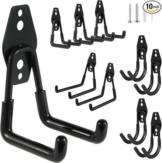 Steel Garage Hooks Wall Tool Organizer, 10 Pack Garage Storage Hook Heavy Duty Utility Storage Hangers Black for Ladders, Ropes, Garden Tools