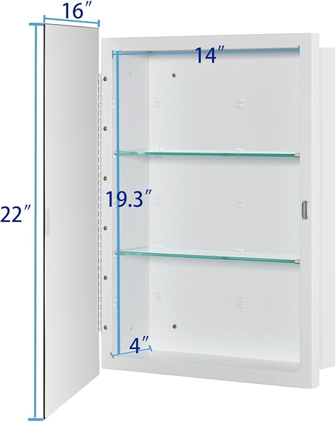 Bathroom Medicine Cabinet with Beveled Edge Mirrored Door 16 x 22 inch, Recessed or Surface Mount, with Adjustable Glass Shelves