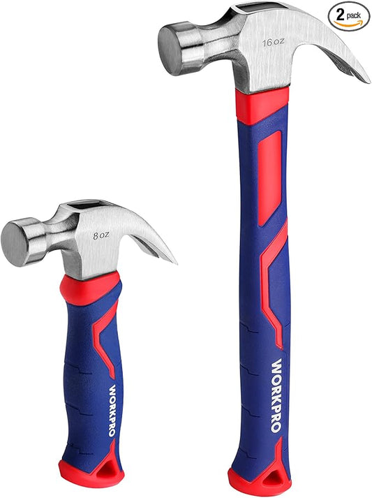 WORKPRO 2-Piece Claw Hammer Set, 8 oz Mini Stubby & 16 oz Fiberglass General Purpose, Soft Nonslip Handle & Heat Treated Head