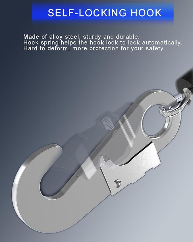 100FT Self Retracting Lifeline, Fall Arrest Fall Protection Dual Alloy Steel Hook Steel Wire Rope Heavy Duty Retractable Lanyard, Roofing Lifeline, SRL, Safety Lanyard