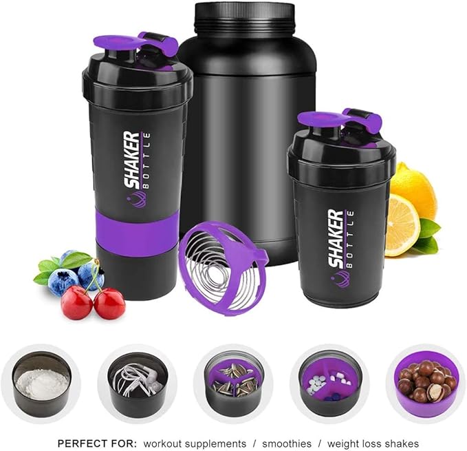 Protein Shaker Bottle,16 oz Shake Cup for protein powder with Storage,Sports Water Bottle,Non Slip 3 Layer Twist Off 3oz Cups with Pill Tray Leak Proof Shake Bottles for Protein Mixes