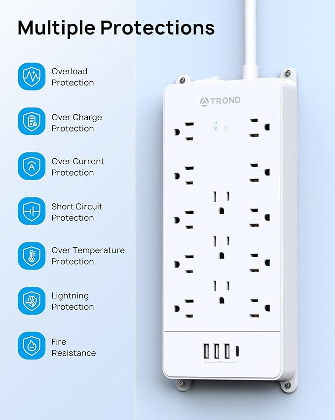 TROND Power Strip Surge Protector - White Extension Cord with USB Ports, 13 Widely-Spaced Outlets Expansion, 5ft, Flat Plug, Under Desk, Wall Mount, Heavy Duty, 4000 Joules, Office, Home, ETL Listed