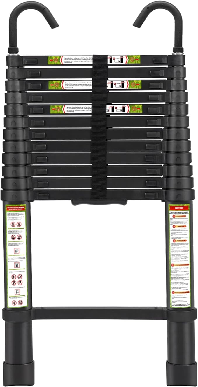 Telescopic Ladder, 12.5FT RIKADE Aluminum Telescoping Ladder with Non-Slip Feet and Stable Hook, Portable Extension Ladder for Household and Outdoor Working, 330lb Capacity Black