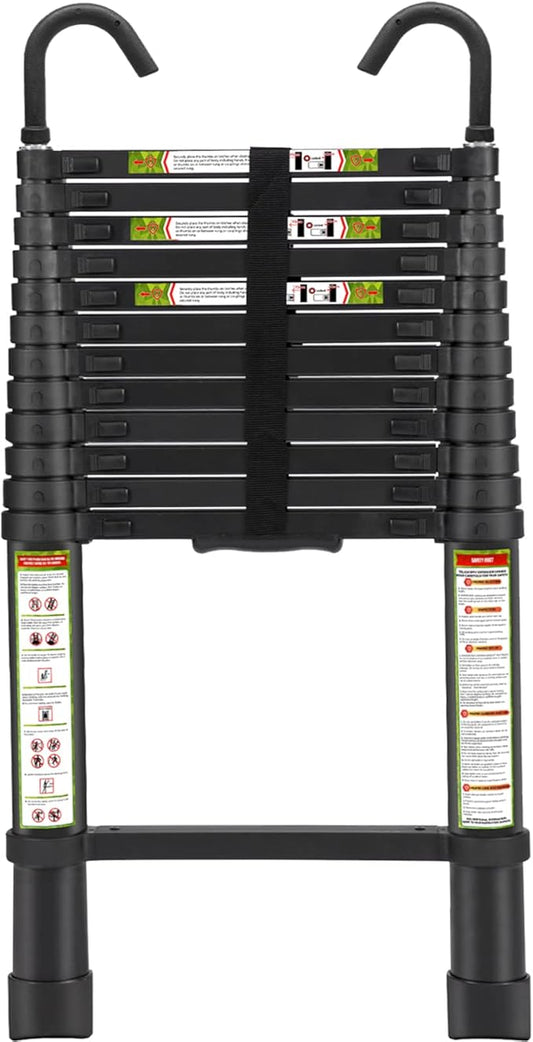 Telescopic Ladder, 12.5FT RIKADE Aluminum Telescoping Ladder with Non-Slip Feet and Stable Hook, Portable Extension Ladder for Household and Outdoor Working, 330lb Capacity Black