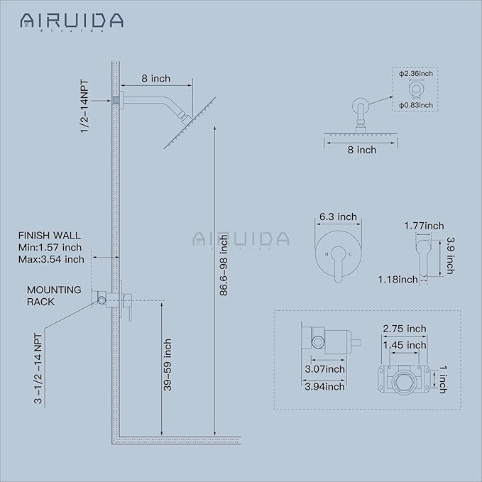 Airuida Shower Faucet Set,8 Inch Round Rainfall Shower Head,SUS304 Stainless Steel Single Handle Shower Trim Kit,Wall Mount Bathroom System with Female Threads Valve Matte Black