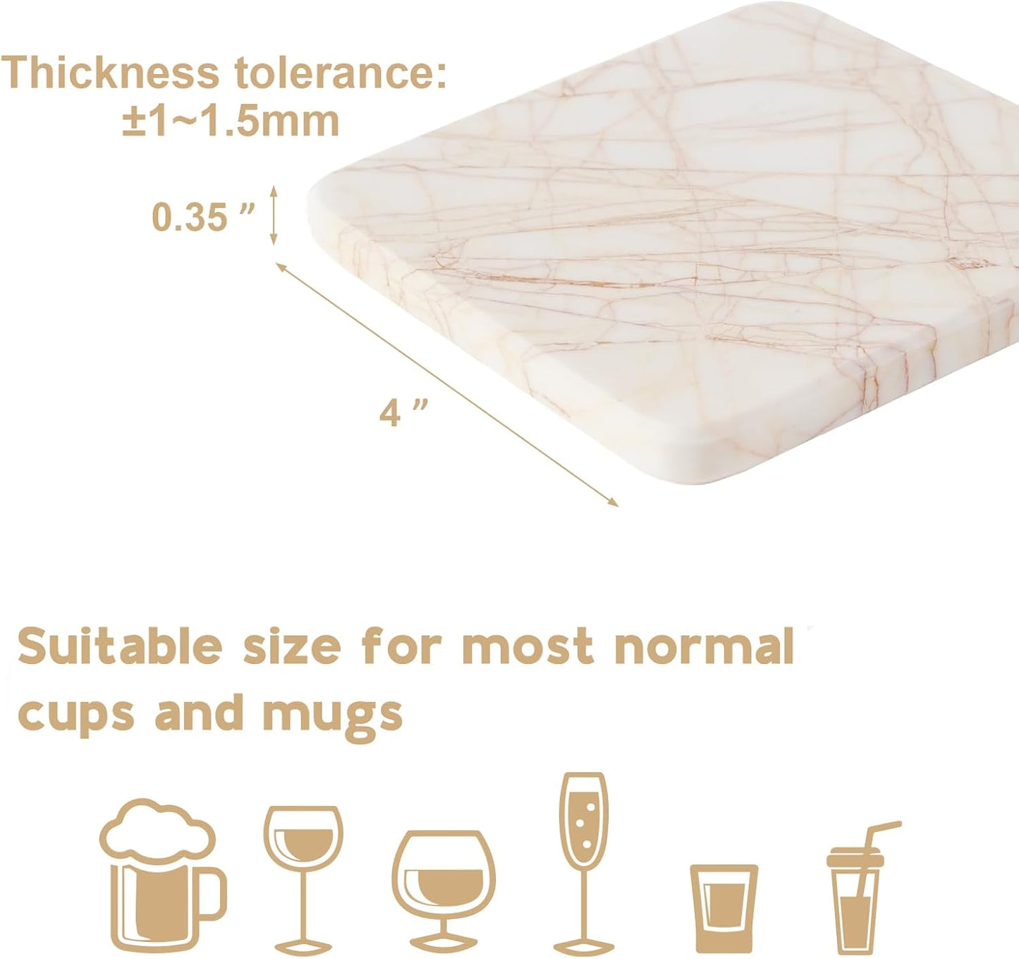 BCS Square Marble Coasters Set of 6 with Holder - Modern Stone Drink Coasters for Tables, Durable Cup Mats for Coffee, Wine, Beer - Elegant Home & Bar Decor Present