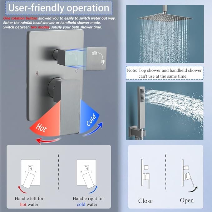 12 Inch Brushed Nickel Ceiling Mount Shower System Bathroom Luxury Rain Mixer Shower Combo Set Ceiling Rainfall Shower Head System Faucet Contain Rough-in Valve and Trim Included