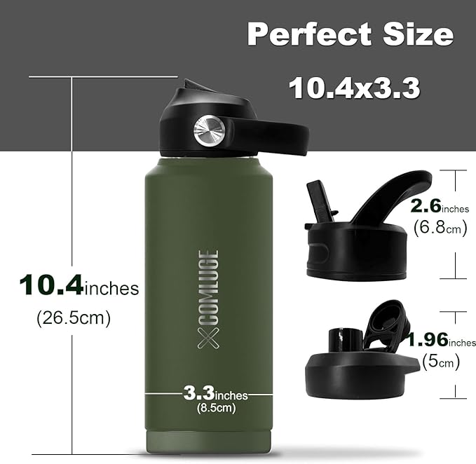 Green 32 oz insulated water bottle with straw stainless steel water bottle,double wall,leak proof water bottles with 3 lids,travel,gym mens water bottle (Navy Green, 32oz)