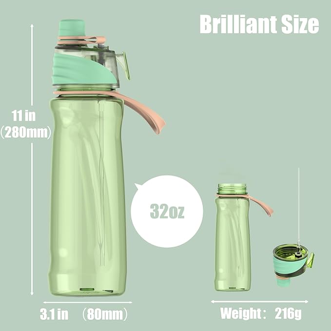 FEIJIAN Mist Water Bottle,32oz Sports Water Bottle with 2-IN-1 Mist & Sip Function, BPA-Free Plastic Water Bottles, Misting Water Bottle, Leakproof & Lightweight, Ideal for Fitness and Outdoor, Green