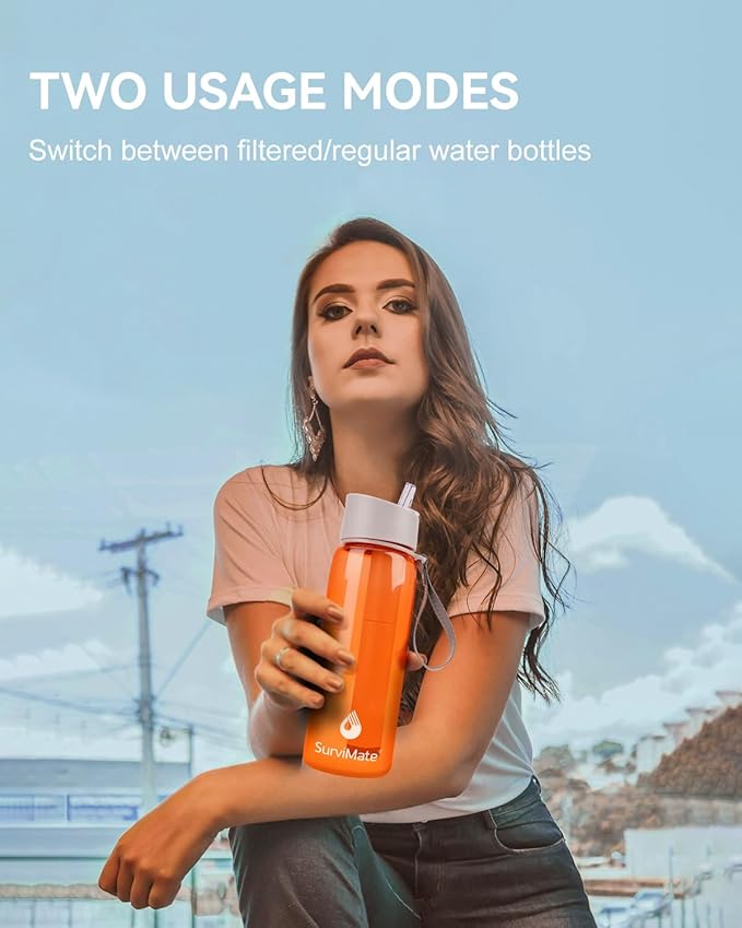 SurviMate 0.01μm Ultra-Filtration Filtered Water Bottle, Portable Water Filter Bottle with 4-Stage Filtration for Survival, Camping, Hiking, Backpacking, Drinking, Emergency