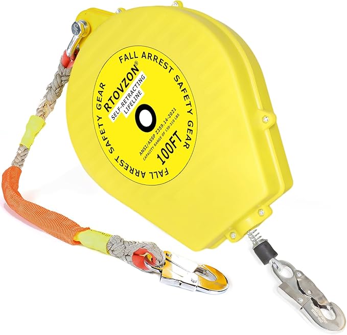 100FT Self Retracting Lifeline, Fall Arrest Fall Protection Dual Alloy Steel Hook Steel Wire Rope Heavy Duty Retractable Lanyard, Roofing Lifeline, SRL, Safety Lanyard