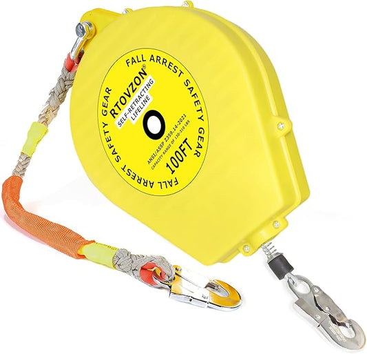 100FT Self Retracting Lifeline, Fall Arrest Fall Protection Dual Alloy Steel Hook Steel Wire Rope Heavy Duty Retractable Lanyard, Roofing Lifeline, SRL, Safety Lanyard