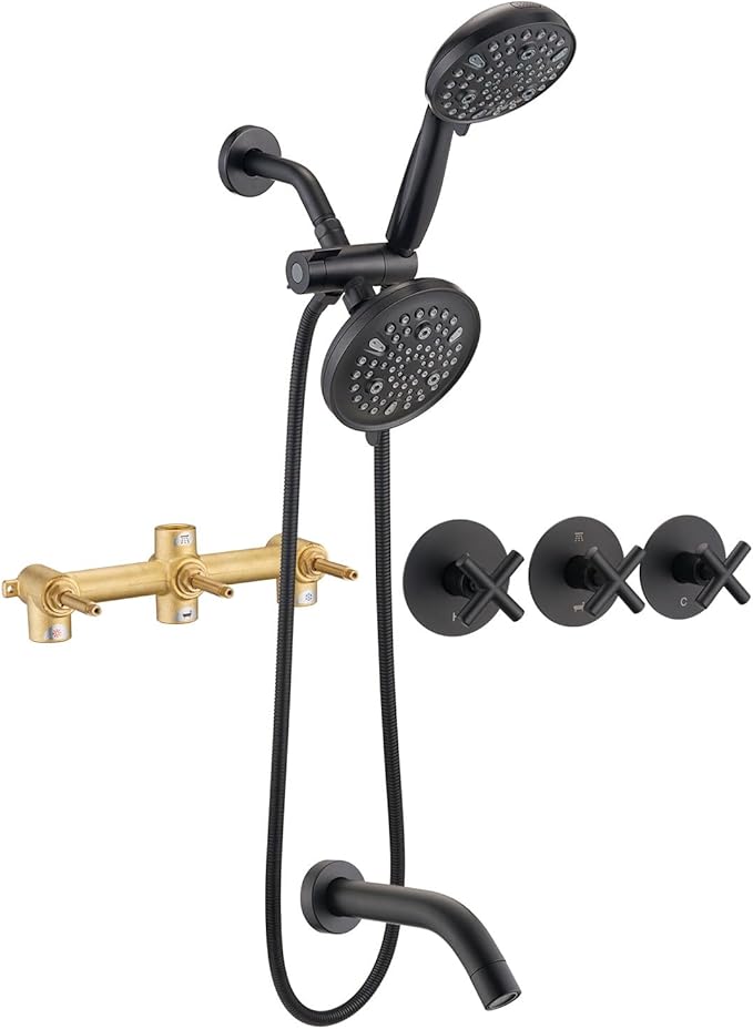 PROOX 3 Handle Tub Shower Faucet Set, Dual shower head Combo with Tub and Shower Trim Kit with Rough-in Valve, Matte Black Bathtub Shower Faucets, Wall Mounted Bathroom Rain Shower System