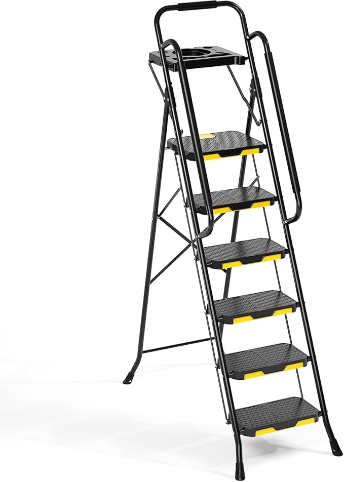 KINGRACK Step Ladder, Sturdy Steel Step Stool with Anti-Slip Wide Pedals, Handrail, Safe-Lock Design, 800lbs Folding Portable Ladder for Multi-Purpose, Home, Kitchen (6-Step with Tool Platform)