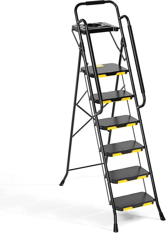 KINGRACK Step Ladder, Sturdy Steel Step Stool with Anti-Slip Wide Pedals, Handrail, Safe-Lock Design, 800lbs Folding Portable Ladder for Multi-Purpose, Home, Kitchen (6-Step with Tool Platform)