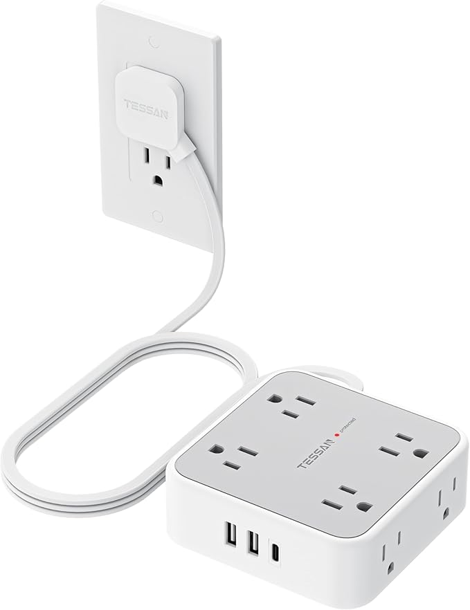 TESSAN Surge Protector Power Strip, 5 Ft Flat Plug Extension Cord with 3 USB (1 USB C) 8 Outlets, 900J Surge Protection, 3 Sided Outlet Extender with Power Switch for Office, Dorm Room Essentials