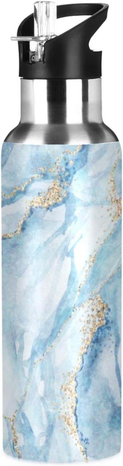 Qilmy Black and White Leopard Water Bottle Vacuum Insulated Stainless Steel Water Bottles with Straw Lid Leakproof Wide Mouth Water Flask for Fitness Outdoor Sports, 20 oz