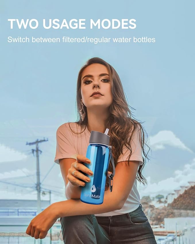 SurviMate 0.01μm Ultra-Filtration Filtered Water Bottle, Portable Water Filter Bottle with 4-Stage Filtration for Survival, Camping, Hiking, Backpacking, Drinking, Emergency