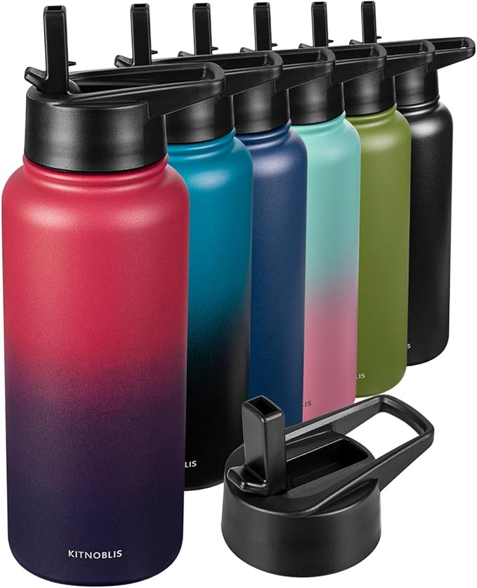 Water Bottle Insulated 32oz Straw Lid, Leak Proof, Vacuum Insulated,Stainless Steel Water Bottle Wide Mouth for Sports, Gym, BPA-Free Keep Cold 24H Hot 12H (Red Purple)