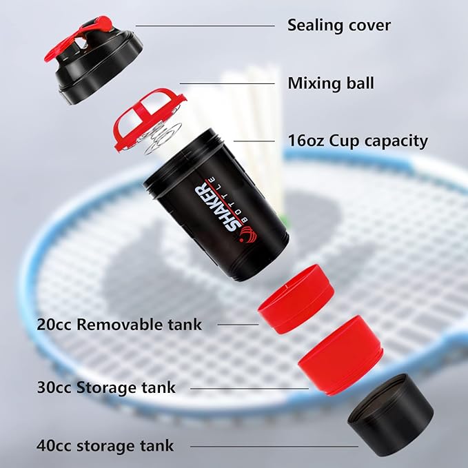 Shaker Bottle 16OZ Protein Shaker Bottles with Mix Ball Sports Water Bottle Leak Proof GYM Cup for Protein Mixes with Powder Storage & Pill Organizer, Ideal for Pre Workout,BPA Free(red)