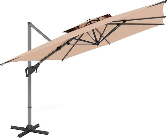 PHI VILLA 10ft Patio Cantilever Umbrella, 360° Rotation & Infinite Tilt Aluminum Square Double Top Outdoor Offset Umbrella, Heavy Duty for Garden Poolside Backyard, Beige (No Base)