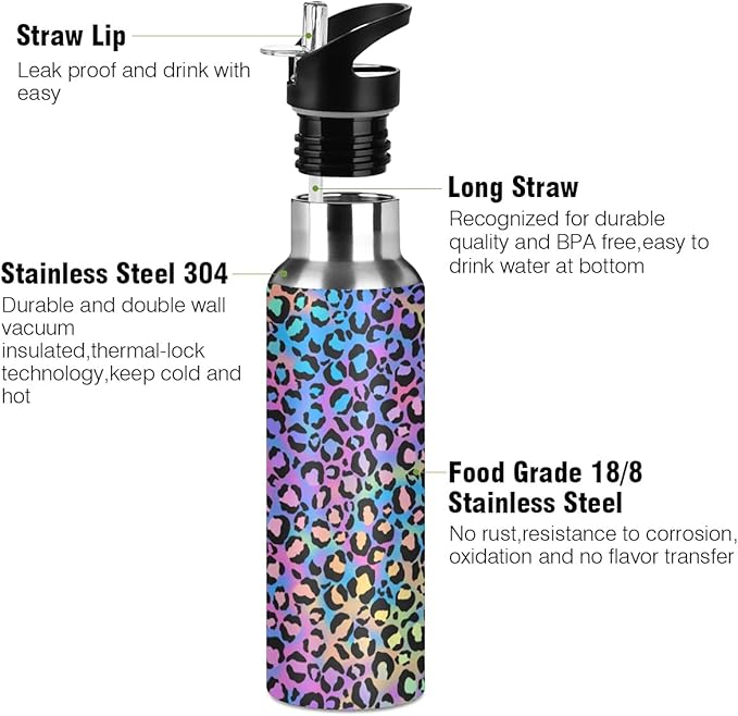 MNSRUU Insulated Water Bottle with Straw, Rainbow and Unicorns Stainless Steel Flasks for Sports Cycling Hiking School
