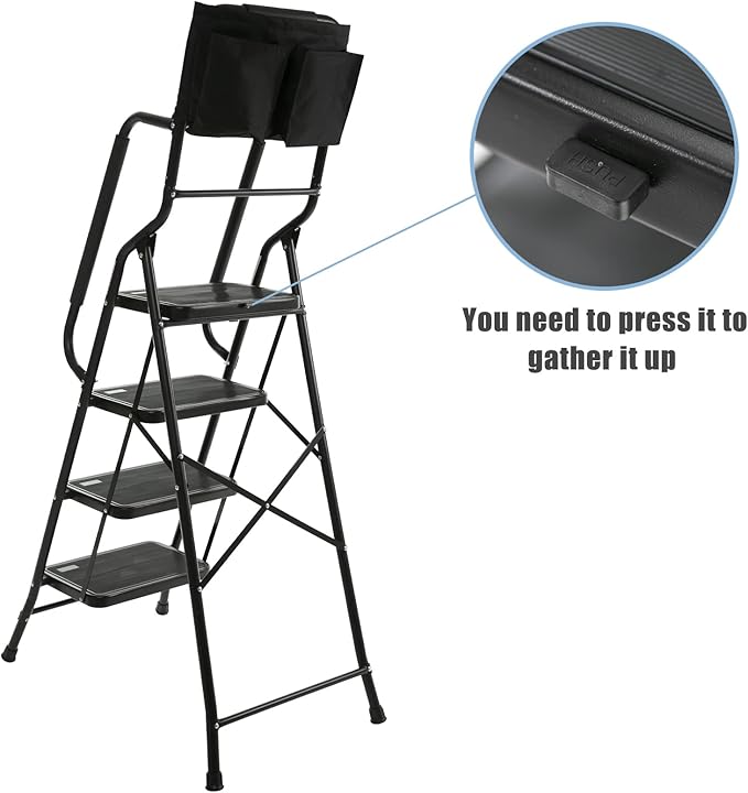 WiberWi 4 Step Ladder with Handrails 500 lb Capacity Step Stool Folding Portable Ladders for Home Kitchen Steel Frame with Non-Slip Wide Pedal Stepladder with Attachable Tool Bag Black