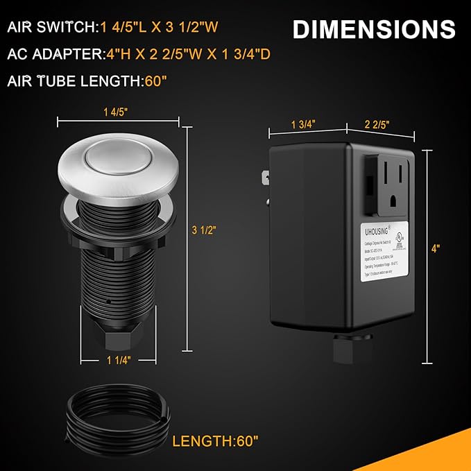 Garbage Disposal Air Switch Kit - UL Certified Sink Top Switch with Long 3.5" Brass Button by UHOUSING, Complete All-in-One Kit for All Disposals (Stainless Steel Brushed)