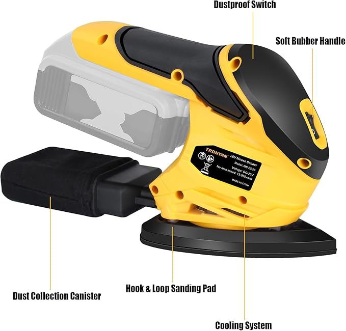 Cordless Detail Sander Compatible with DeWalt 20V Max Battery (Tool Only), 12,000 OPM, 10Pcs Sandpapers, Dust Bag for Woodworking, Tight Spaces Sanding, Polishing, Removing Paint (No Battery)