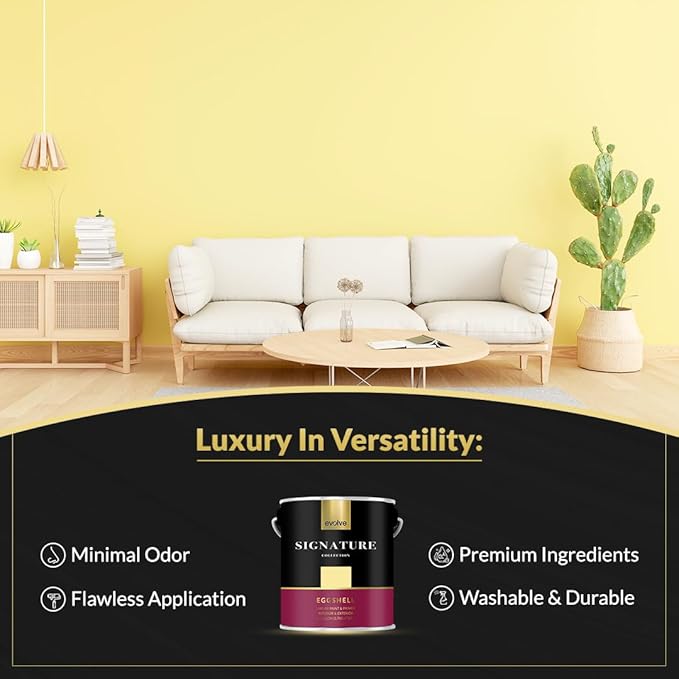EVOLVE Signature Paint & Primer: Luxury Paint & Primer for Indoor & Outdoor Surfaces, Minimal Odor, Eggshell Sheen (Sunshine Yellow, 1 Gallon)