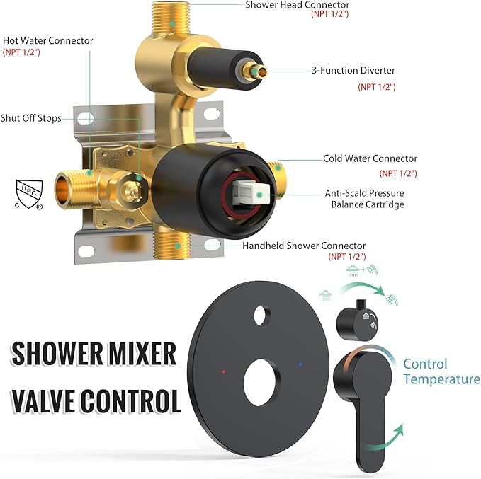 SR SUN RISE 12 Inch Slide Bar Shower System, Round Shower Faucets Sets Complete Rain Shower head and 6-Spray Handheld Combo, Wall Mounted Dual Shower Faucet Included Valve and Trim Kit, Matte Black
