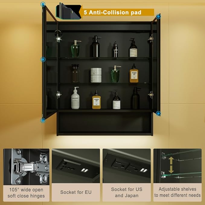 KWW LED Lighted Bathroom Medicine Cabinet with Sockets & USBs, Defogger, Dimmable, 3 Color Light Makeup Mirror, Easy to Install, Wall Mounted Cabinet (30 * 34)