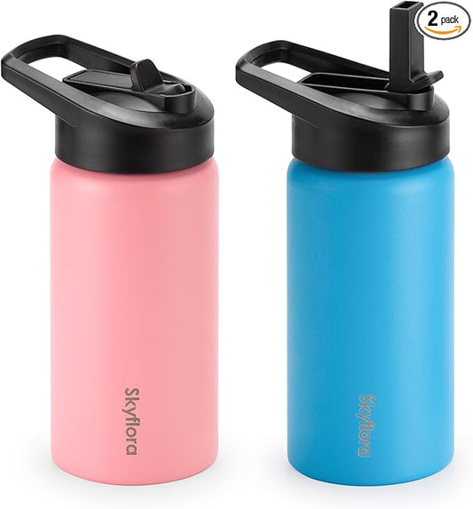 Kids Water Bottle with Straw 2 Pack, 16oz Water Bottles Bulk, Single Wall 18/8 Stainless Steel, Dishwasher Safe & Leakproof, Reusable Gift for Girls Boys to School Sports Travel Camping, Pink & Blue
