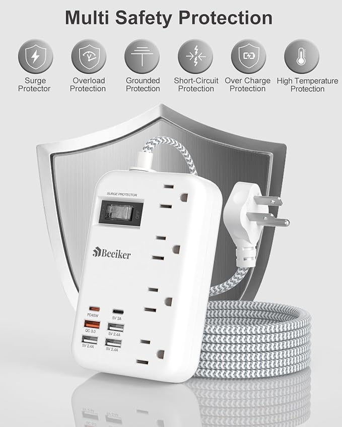 45W USB C Surge Protector Power Strip, Travel Power Strip with 6 USB(2 USB C) Ports and 4 Outlets,5Ft Flat Plug Braided Extension Cord, PD 45W Fast Charging for MacBook Laptops iPad Pro iPhone Samsung