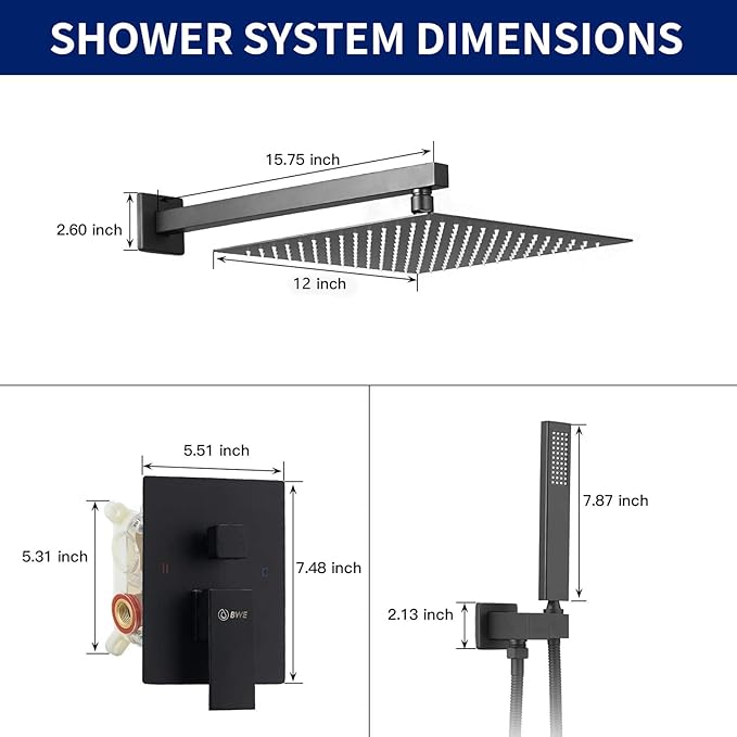 BWE Black Shower Faucet Set, 12 Inch Square Rain Shower Head and Handle Set Bathroom Shower System Sets Complete Combo 2-Functions Pressure Balancing Wall Mount Rainfall Shower Mixer Valve