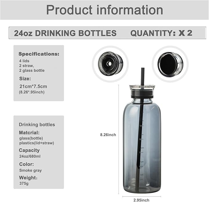 Glass water bottle With Time Marker -24oz with 2 caps and straw,Reusable Glass Drinking Bottles，Suitable For Drinks, Juices, Sodas, Coke, As Gifts Etc (Smoky 24oz*2pcs)