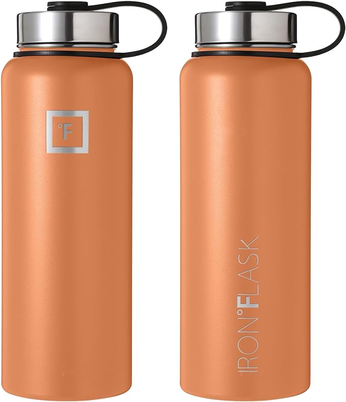 IRON °FLASK Sports Water Bottle - Wide Mouth with 3 Spout Lids - Stainless Steel Gym & Outdoor Bottles for Men, Women & Kids - Double Walled, Insulated Thermos, Metal Canteen - Clementine, 40 Oz
