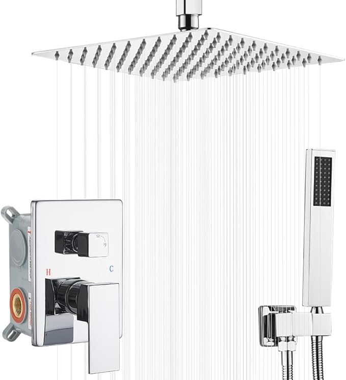 10 Inch Ceiling Mounted Shower System Rain Mixer Shower Combo Set Rainfall Shower Head System ‎Polished Chrome Shower Faucet Rough-in Valve Body and Trim Included