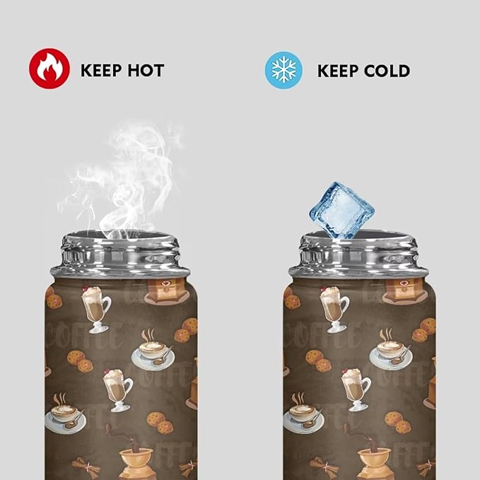 Coffee Print Insulated Water Bottle 20 Oz Stainless Steel Leak Proof Vacuum Easy to Clean Lightweight Keeps Cold and Hot Great for Travel Hiking Biking Running