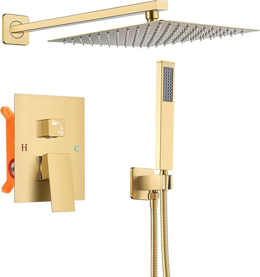 Bathroom Shower Faucet Set，10 Inch Rain Shower Head with Handheld Spray，Brass Shower Valve Trim Kit，Wall Mounted Square Rain Shower System (Brushed Gold)