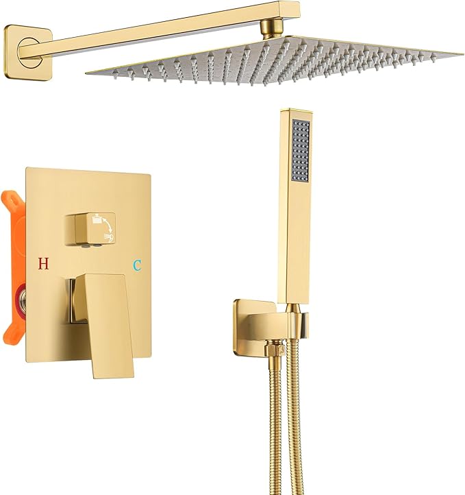 Bathroom Shower Faucet Set，12 Inch Rain Shower Head with Handheld Spray，Brass Shower Valve Trim Kit，Wall Mounted Square Rain Shower System (Brushed Gold)