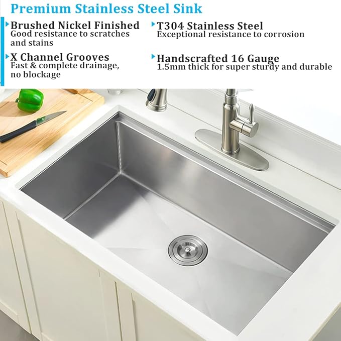 27 Inch Undermount Kitchen Sink Workstation 16 Gauge Stainless Steel Undermount Sink Single Bowl Handmade 10 Inch Deep