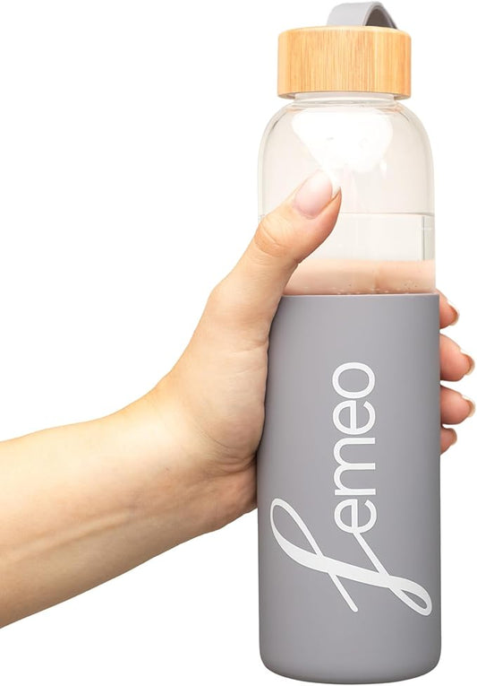 Femeo® Glass Water Bottle for Women | Eco, Yoga & Gym Friendly, 18oz | 100% Leakproof, BPA-Free, Dishwasher Safe, Borosilicate Drinking Glass Bamboo Sports Cap Grey