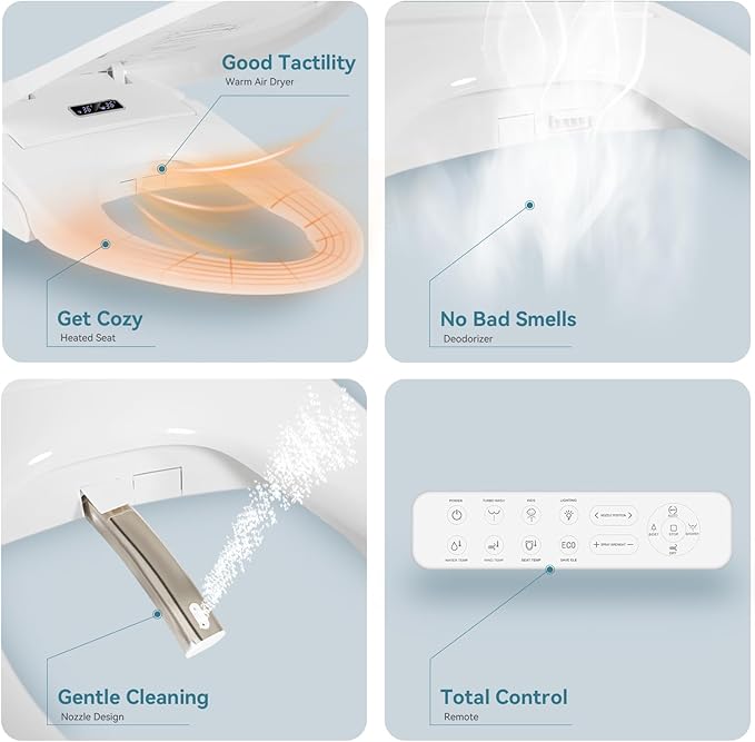 Electric Bidet Toilet Seat, Elongated V-shaped Heated Bidet with Dryer and Warm Water, Rear and Front Washing, Self-Clean Nozzle,Soft Close Toilet Seat with Remote Control, LED light and Deodorization