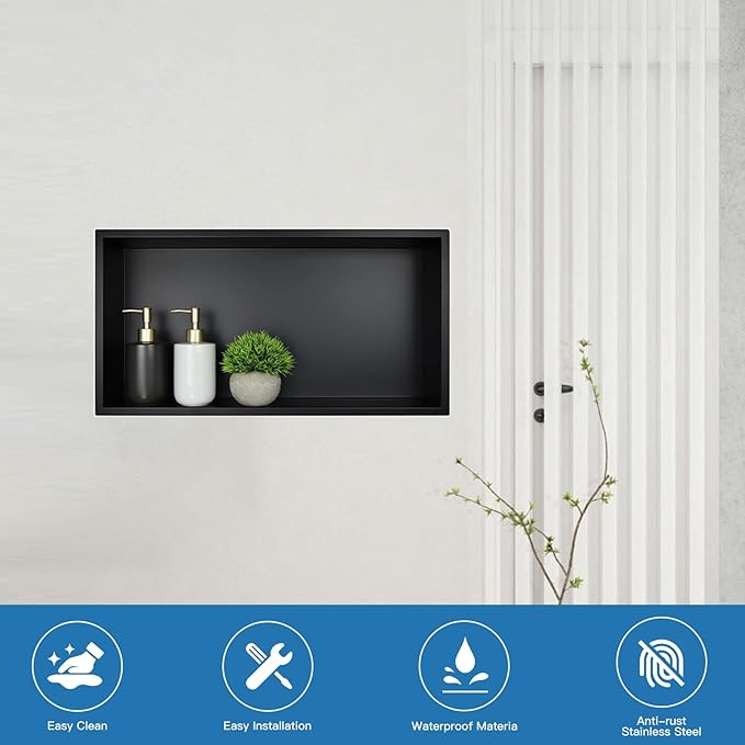 24x12 Matte Black Stainless Steel Modern Shower Niche Shelf, 1 Shelf, Wall-Mounted, Waterproof, No Tile Needed, Easy Installation, Bathroom Storage