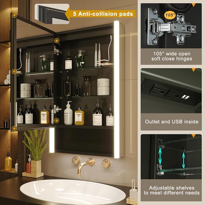 KWW LED Lighted Bathroom Medicine Cabinet with Sockets & USBs, Defogger, Dimmable, 3 Color Light Makeup Mirror, Easy to Install, Wall Mounted Cabinet (21 * 34)