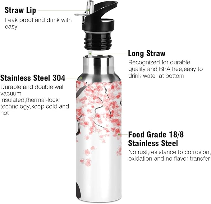 Blueangle 22oz Japanese Cherry Blossom Water Bottle, BPA Free Stainless Steel Water Bottle Leak-Proof Sports Bottle for Camping Workouts Gym and Outdoor Activity
