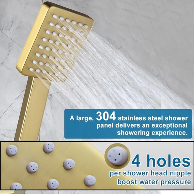 POP SANITARYWARE Shower Tub Faucet Set Brushed Gold Bathroom Shower System with Tub Spout Wall Mounted Rainfall 12 Inch Thickened Shower Head and Handle Set Include Shower Valve and Trim Kit