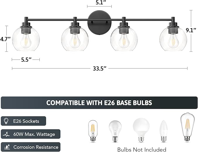 VONLUCE Bathroom Light Fixtures, 4-Light Bathroom Vanity Light with Globe Glass Shades E26 Sockets, Vanity Lights Over Mirror for Bedroom Hallway Living Room, Black Finish